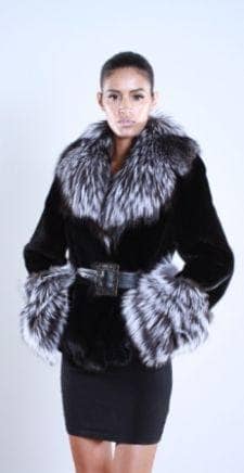 Black Sheared mink fur jacket Silver fox front trim
