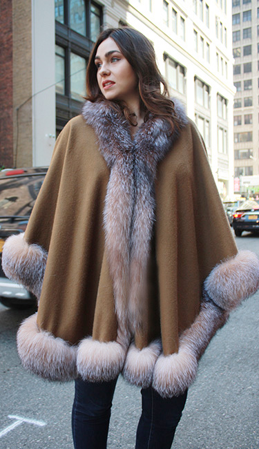 Brown Cashmere Cape With Crystal Fox Fur