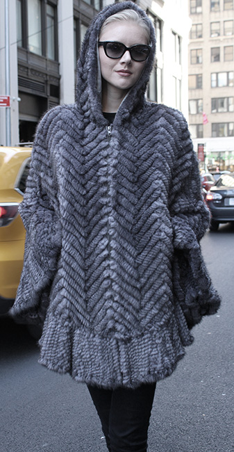 Gray Knit Mink Fur Poncho with Hood